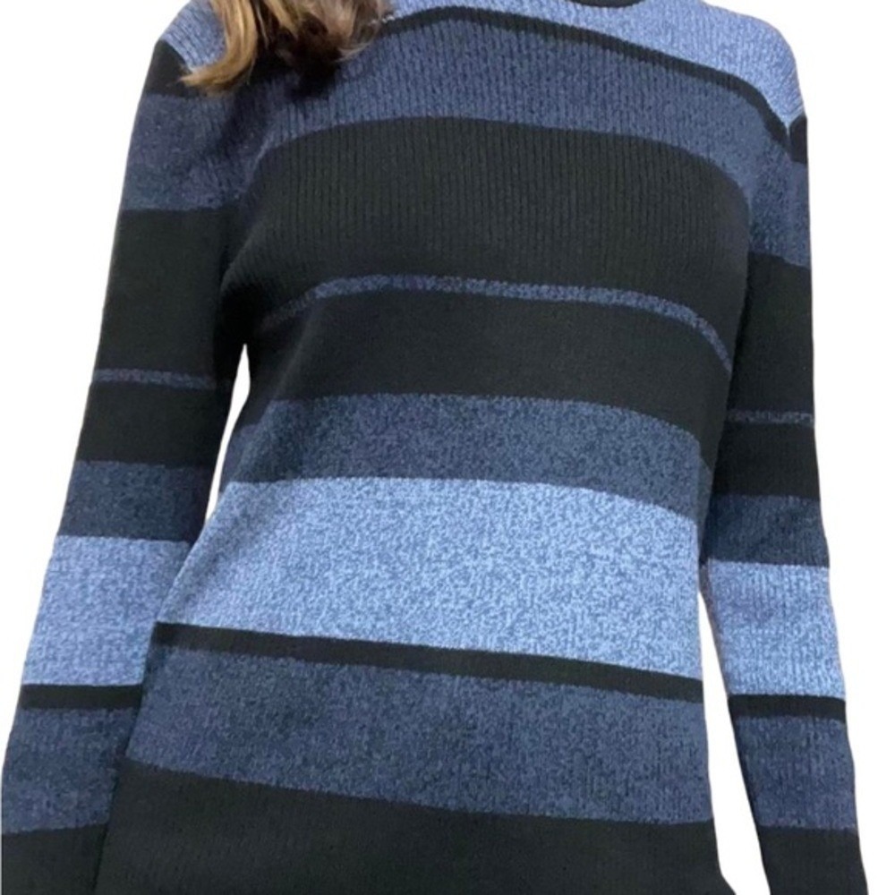 Carolyn Taylor Cotton Blend Womens Striped Sweater Blue Gray Black Long Sleeve L